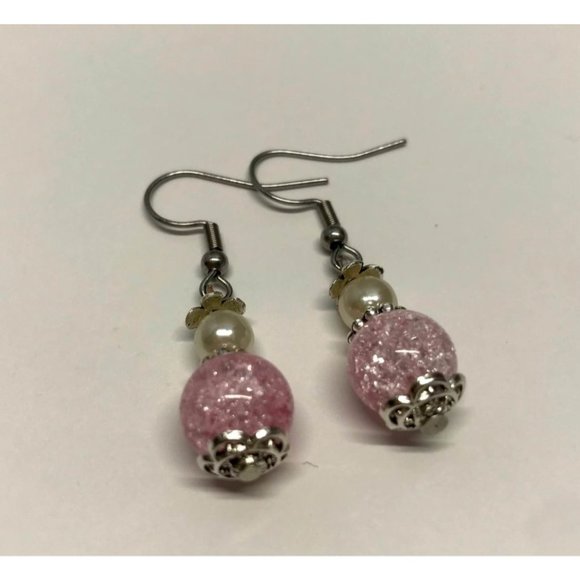 Pink Glass Crackle Beads Imitation Pearl Earrings - Picture 1 of 7